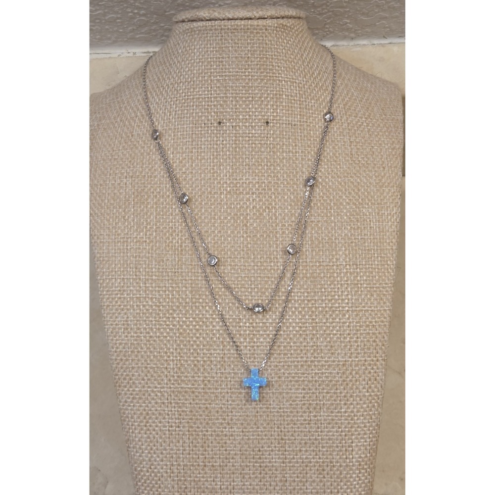 Vintage Sterling Silver Opal Cross & Crystal Double Strand Necklace 14-15.5"